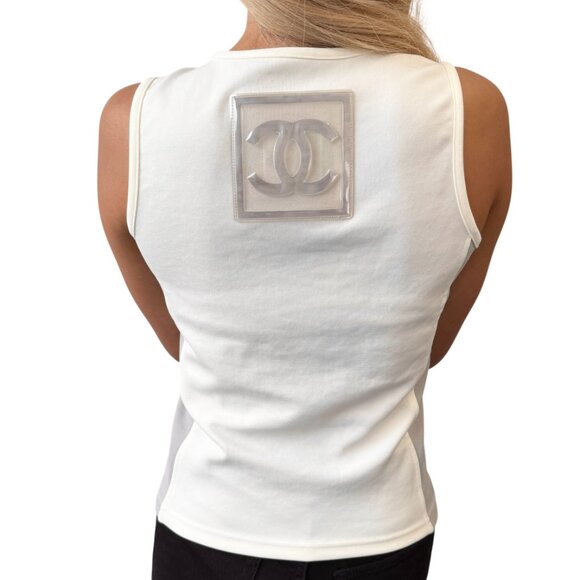 CHANEL Sport Vintage 01P CC Big Logo Tank Top #38 White Gray Nylon [105654] - Picture 1 of 11